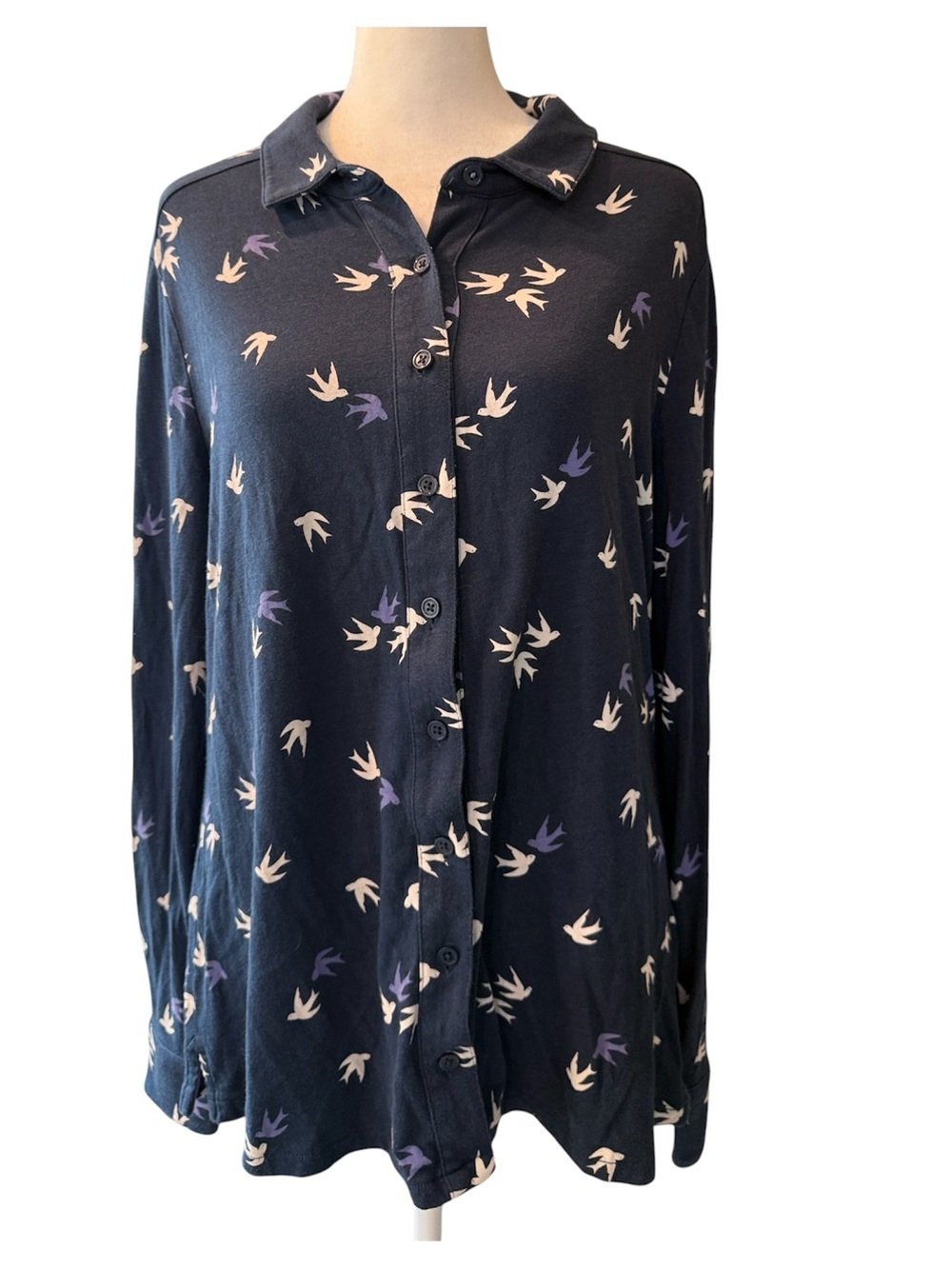 Boden Navy Blue Swallow Bird Print Button Up Blouse Top Cotton Classic Shirt 12